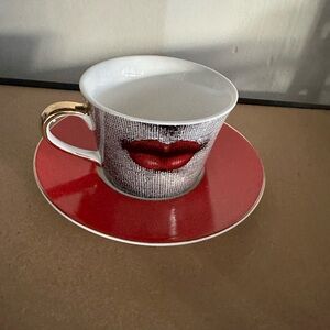 Red and Gold Lip Print Teacup and Saucer Fifth Avenue Collection